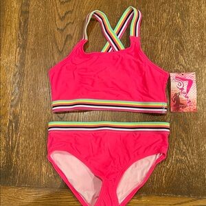 Sz 14 Kids Bikini in Vibrant Pink with Striped Accents NEW